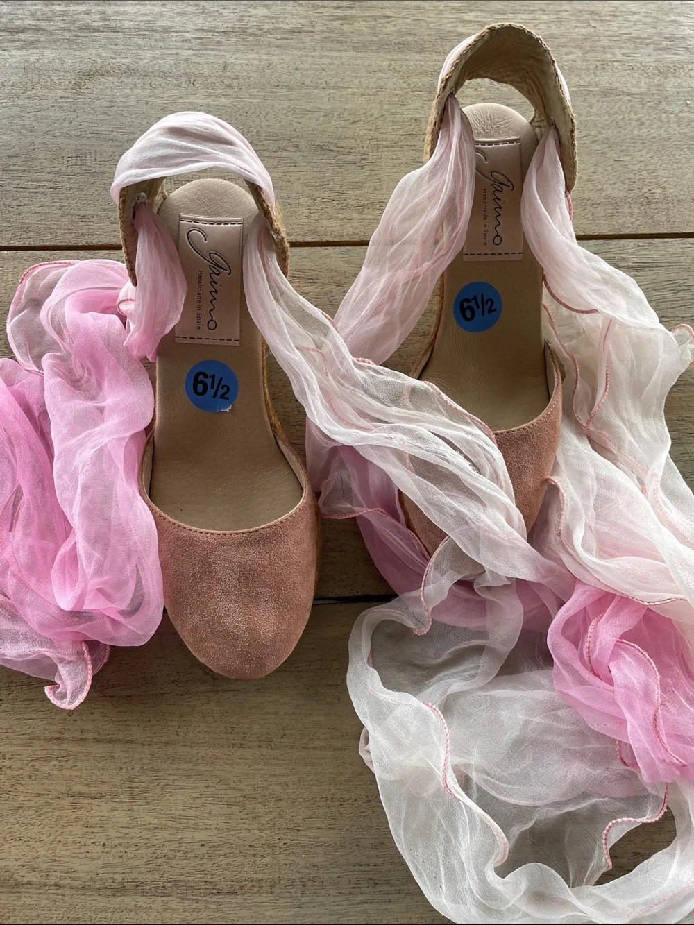 Gaimo Pink Suede Espadrille Wedges with Ankle Wraps Handmade in Spain  NWOT/BOX